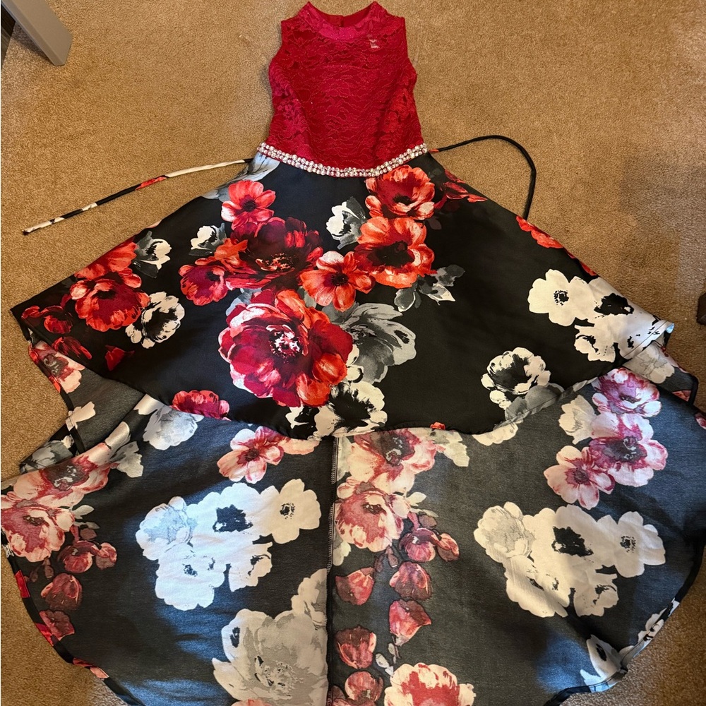 Elegant Red and Black Floral Gown